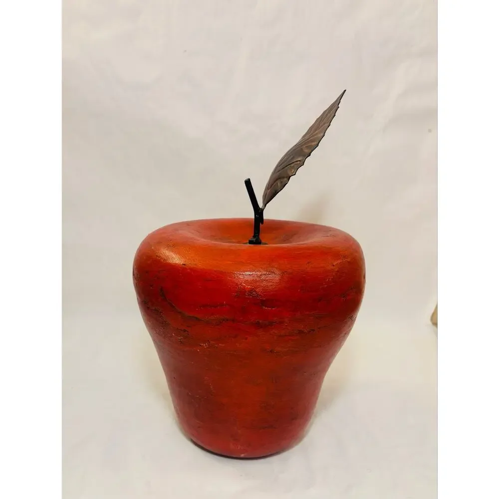 Large Red Wood Apple Hand turned Sculpture w/ Iron Leaf Distressed Finish